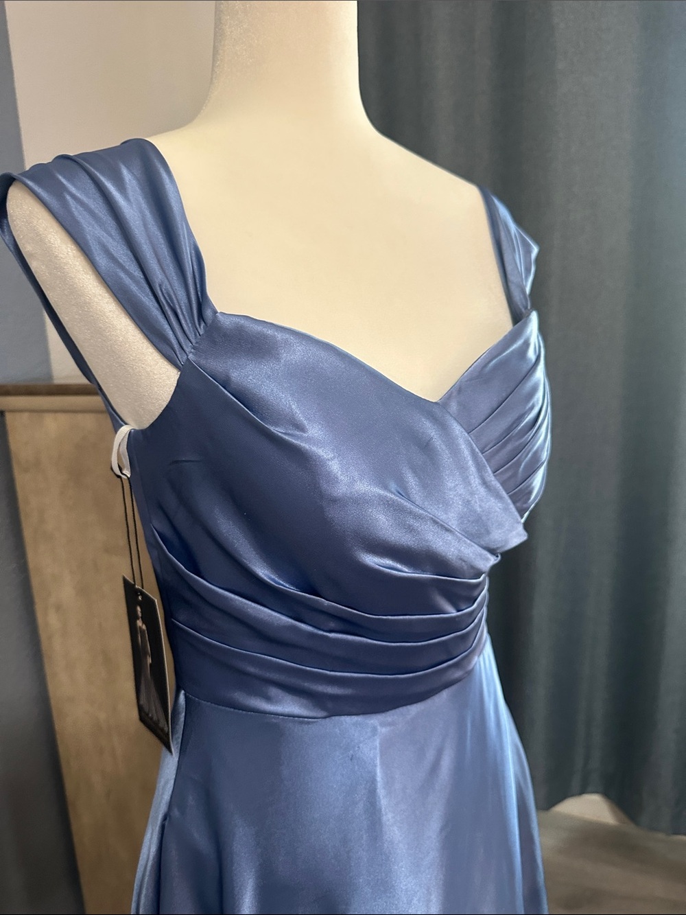 Elegant Satin Off-Shoulder Evening Dress in Steel Blue with Two pockets